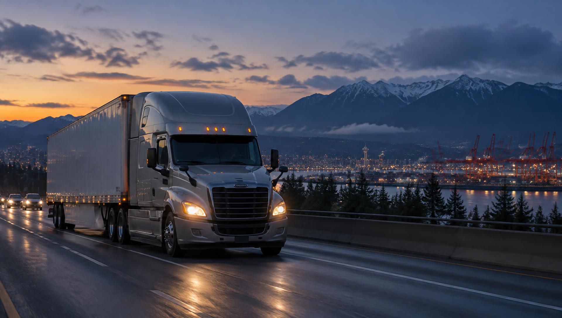 Semi truck on a highway with Vancouver and the port in the background at dusk